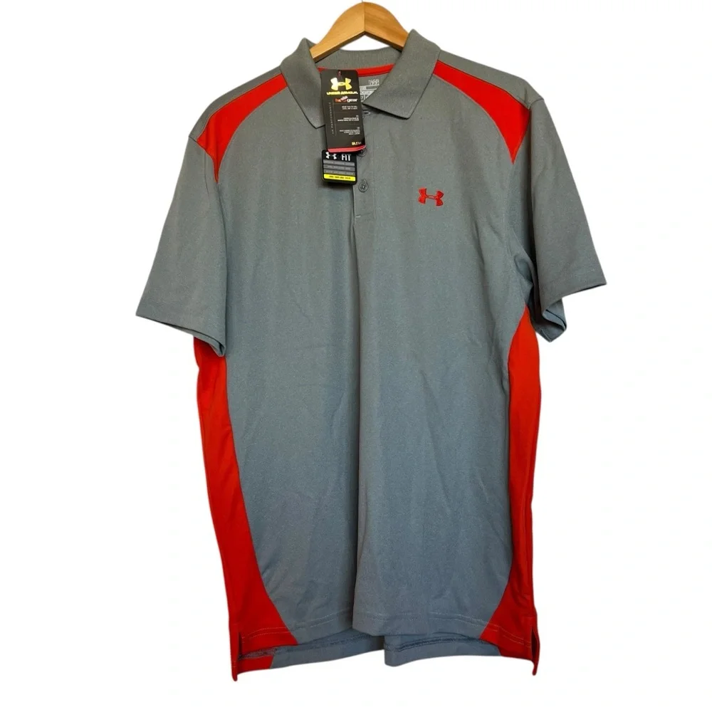 Under Armour NWT Men's Gray and Orange Heat Gear Golf Polo Large Men’s Shirt - Picture 2 of 9